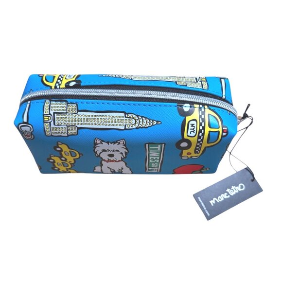 NWT Marc Tetro NYC Dog Taxi Apple Bridge Print Blue Cosmetic Bag Pouch - Picture 2 of 4